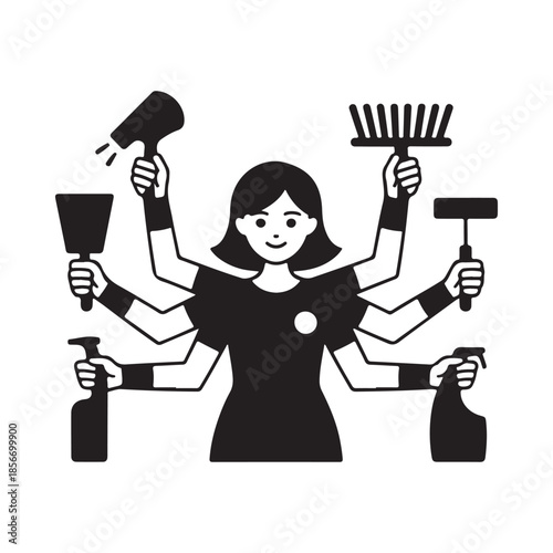 Multitasking woman with multiple arms holding cleaning supplies and tools
