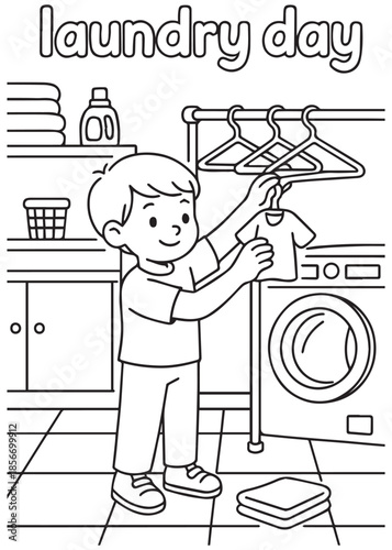 coloring book boy hanging clothes in laundry room