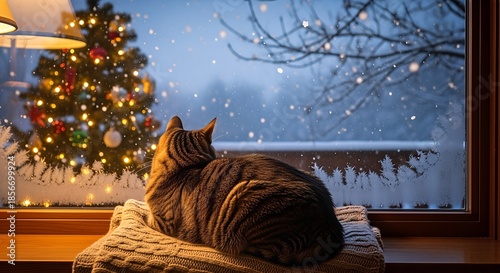 Cozy cat on windowsill watching snowy Christmas scene