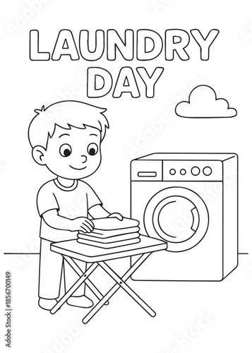 coloring book boy stacking folded clothes on table