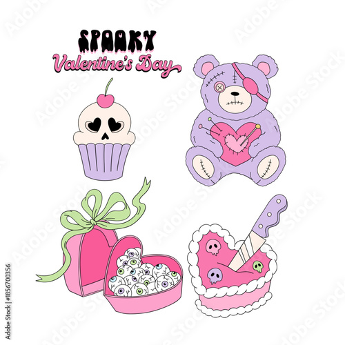 Spooky Halloween Valentines Day Sweets and Teddy Bear Clipart Set, Cute Anti V-Day Retro Aesthetic Illustrations for T-Shirt Design, Scrapbooking and Stickers