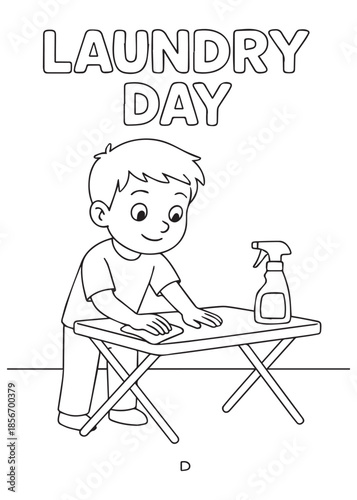 coloring book boy cleaning table with spray bottle