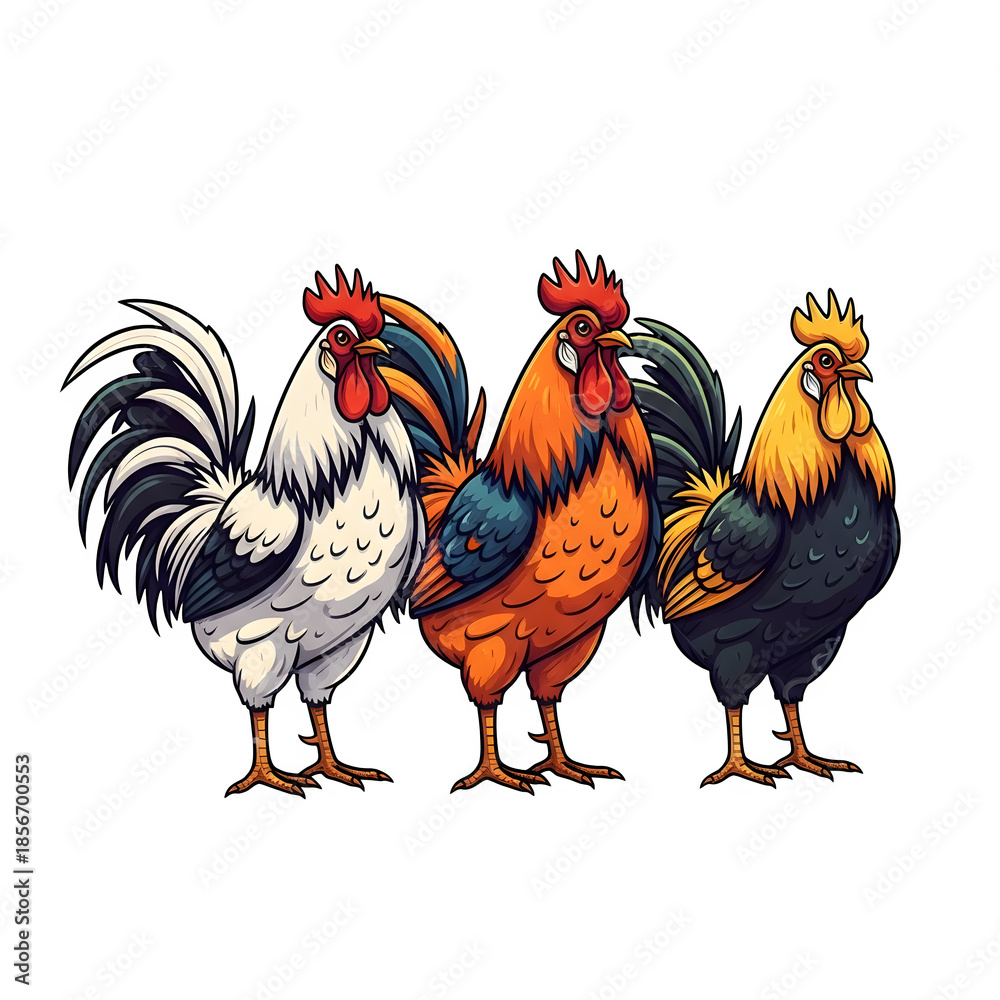Fototapeta premium Three roosters isolated on transparent background with vibrant colors