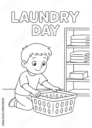coloring book boy placing clothes into storage basket
