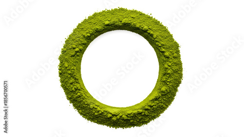 Vibrant green matcha powder forming a circular shape on a clean white background, symbolizing healthy lifestyle and wellness.