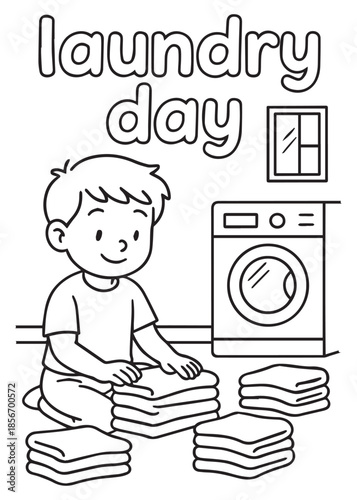 coloring book boy organizing folded clothes on floor