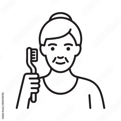 Simple line drawing of an elderly woman holding a toothbrush