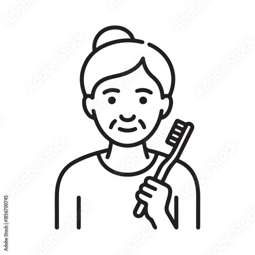 A simple line drawing of an elderly woman brushing her teeth