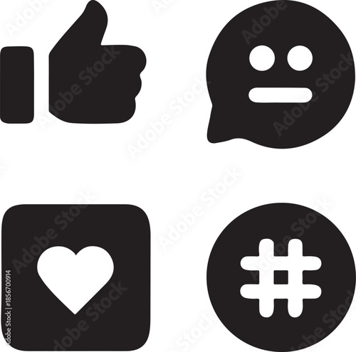 social media icons set like chat heart and hashtag on transparent background