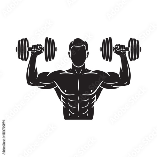 Muscular man lifting dumbbells a black silhouette depicting strength training