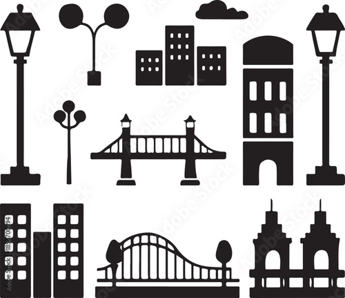Set of black silhouette city elements street lights buildings bridges and urban architecture