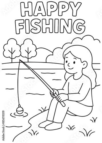 coloring book mother fishing while sitting by the lake