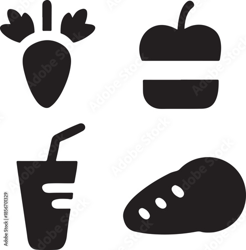 Silhouette food icons set featuring vegetables drink and fast food meal elements vector graphic