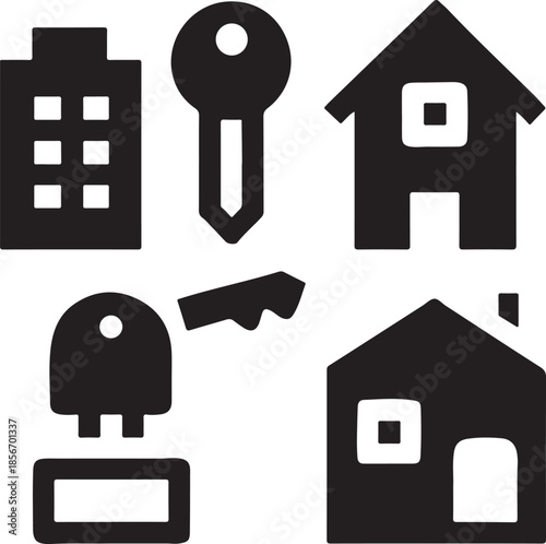 Real estate icons set featuring building house keys and property purchase elements vector graphic