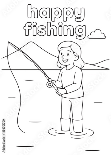 coloring book mother fishing while standing in shallow water