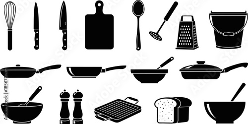 Kitchen utensil silhouette set, black cooking tool icons, food preparation vector, culinary equipment graphic, restaurant cookware design, kitchenware illustration