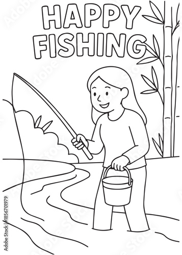 coloring book mother fishing with bucket near river