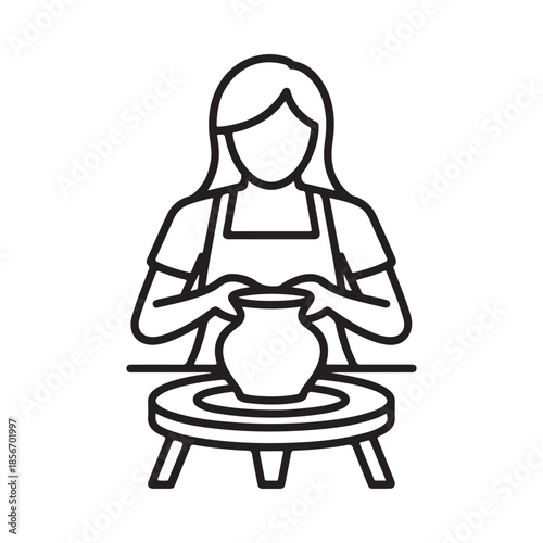 A simple line drawing depicts a woman working at a pottery wheel