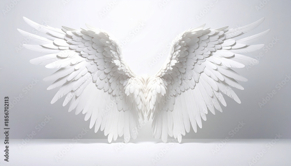 Fototapeta premium Large symmetrical white wings spread open on light gray background, detailed feathers, elegant and ethereal.