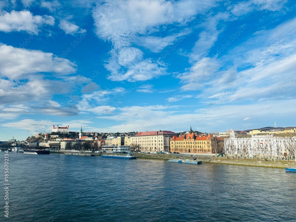 Fototapeta premium Bratislava castle and St. Martin cathedral in Bratislava in Slovakia on the river Danube. 