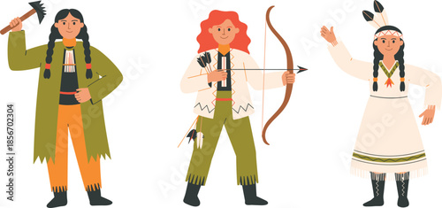 Native American character illustration, traditional attire, cultural costume, tribal tools, heritage concept, indigenous people vector, educational design, ethnic theme for stock use