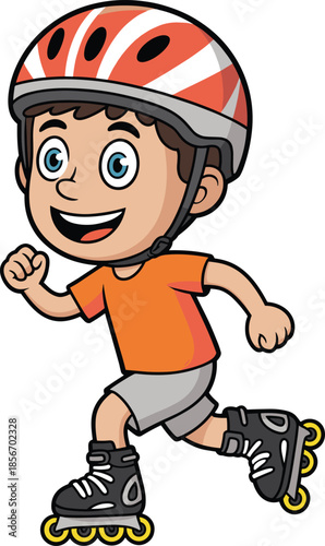 Happy Cartoon Boy Rollerblading Wearing a Safety Helmet and Orange Shirt Enjoying Outdoor Sports Activity Isolated on a White Background