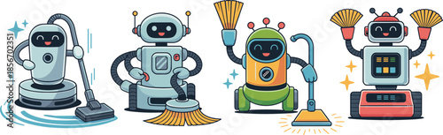 Cartoon cleaning robots, vacuum, mop, broom, feather duster, sparkle effect, household tools, automated helpers, vector illustration, cute design, home maintenance