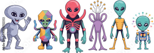 Cartoon Alien Characters in Unique Styles, Colorful Extraterrestrial Designs, Sci-Fi Fantasy Theme, Futuristic Creatures, Vector Illustration, Space Concept, Imaginative Character Set