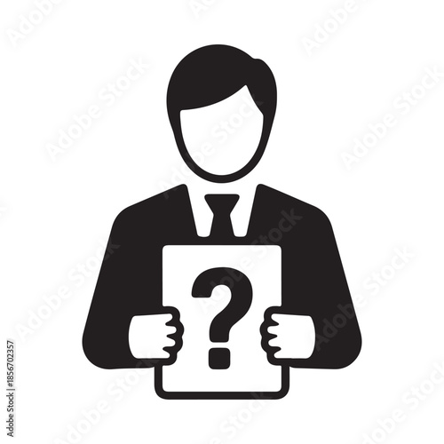 Man in suit holding a question mark sign black and white icon