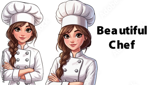 Two cheerful female pastry chefs wearing traditional white uniforms and hats