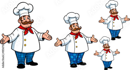 Cartoon chef character displayed in three different sizes for illustration