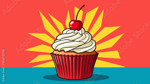 Delicious vanilla cupcake with creamy frosting and bright cherry topping