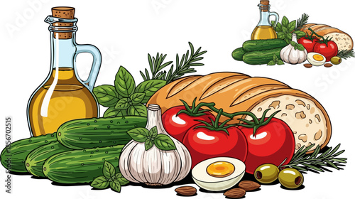 Fresh mediterranean ingredients featuring olive oil bread and vegetables