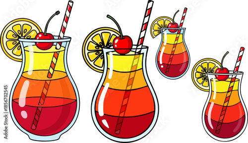 Colorful tropical layered cocktails with cherries and lemon slices