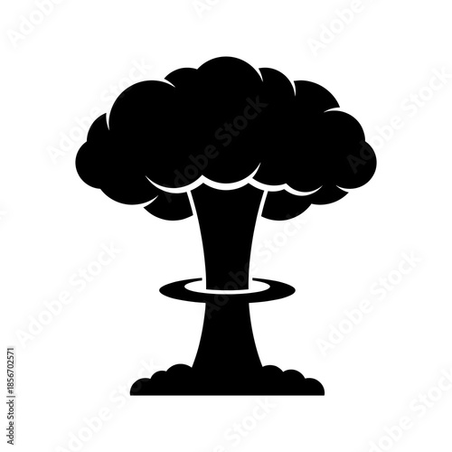 Solid Black Silhouette of Nuclear Mushroom Cloud Vector Icon Symbolizing War and Atomic Bomb Explosion Hazard Warning Sign Illustration