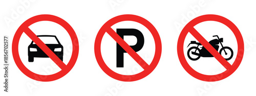 No parking sign vector illustration, no car parking and no bike parking symbols for traffic regulation safety and urban signage.