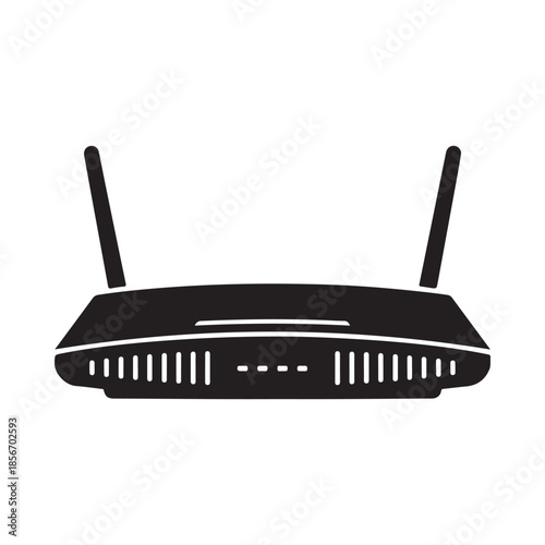 Simple black silhouette of a wireless router with two prominent antennas