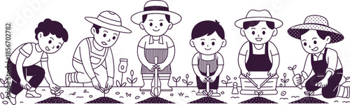 Cartoon children gardening illustration, outdoor activity, teamwork concept, planting seeds, nature education, kids with tools, soil and sprout vector design for stock