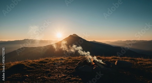 Sunset over mountains, campfire smoke rises