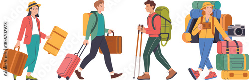 Cartoon Travelers with Luggage and Gear, Diverse Outfits and Travel Styles, Adventure and Vacation Theme, Vector Illustration, Tourism Concept, Character Design Elements