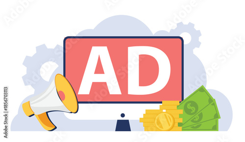 Advertisement campaign concept showing marketing production and media revenue strategy. Vector illustration for commercial, broadcast marketing, branding, and advertising industry