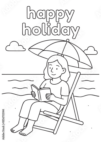 coloring book mother relaxing on a beach chair under umbrella while reading a book