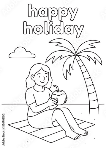 coloring book mother sitting on beach mat enjoying coconut drink beside a palm tree