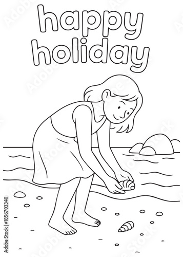 coloring book mother bending down collecting seashells on sandy beach