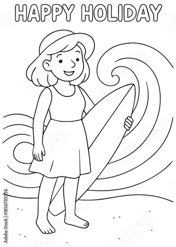 coloring book mother standing with surfboard near ocean waves at the beach