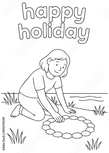 coloring book mother arranging stones into a circle pattern on sandy beach