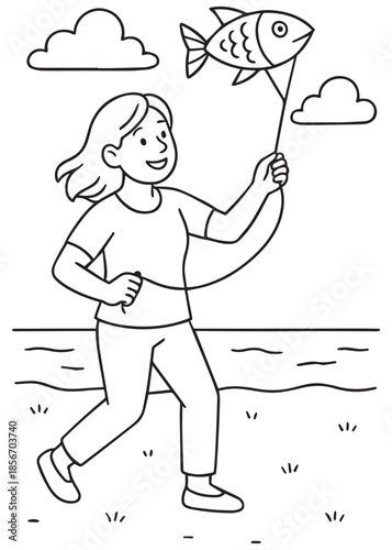 coloring book mother flying a fish-shaped kite by the seaside