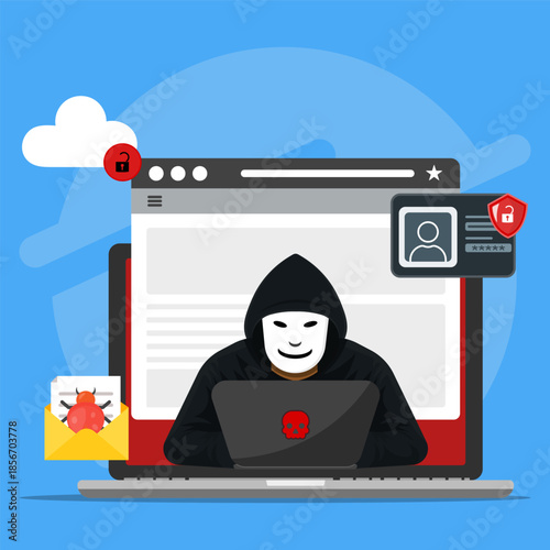 Cyber security concept showing an anonymous hacker accessing data on a laptop screen, representing cybercrime, data breach, online fraud, malware, and digital privacy threats