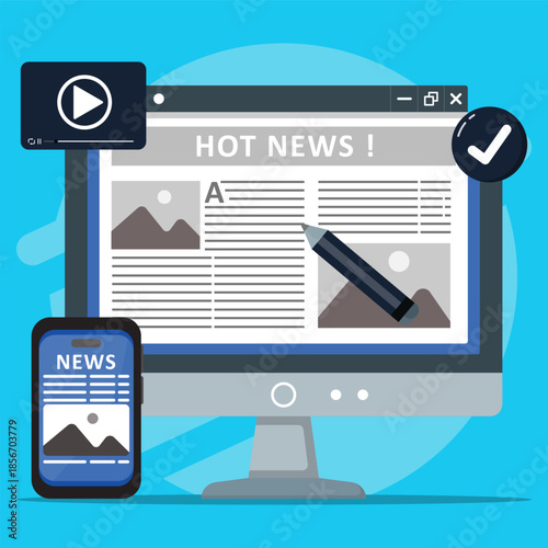 Online news and digital journalism concept showing breaking news content on desktop and mobile screens, representing media publishing, content creation, blogging, and modern information distribution