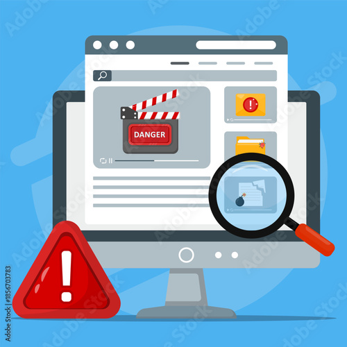 Magnifying glass on a computer screen, suggesting digital threats. Suitable for cybersecurity publications, blog posts, and presentations.